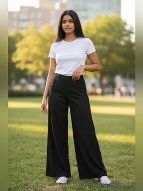 Max Edition Linen Black Wide Leg Pants Size 12 Sailor Style 55% Linen Trousers